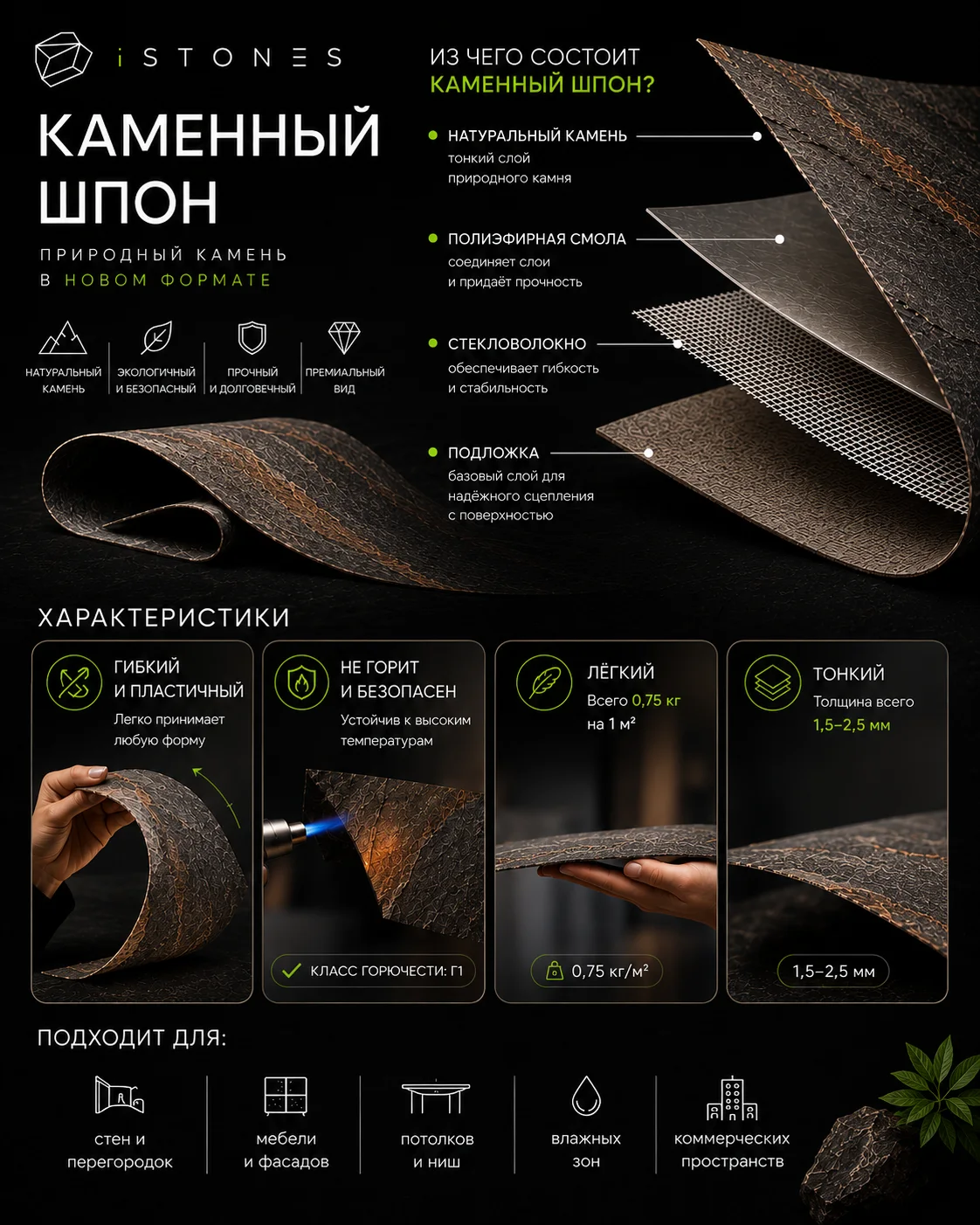 Каменный шпон Starfall / Размер 1220х610